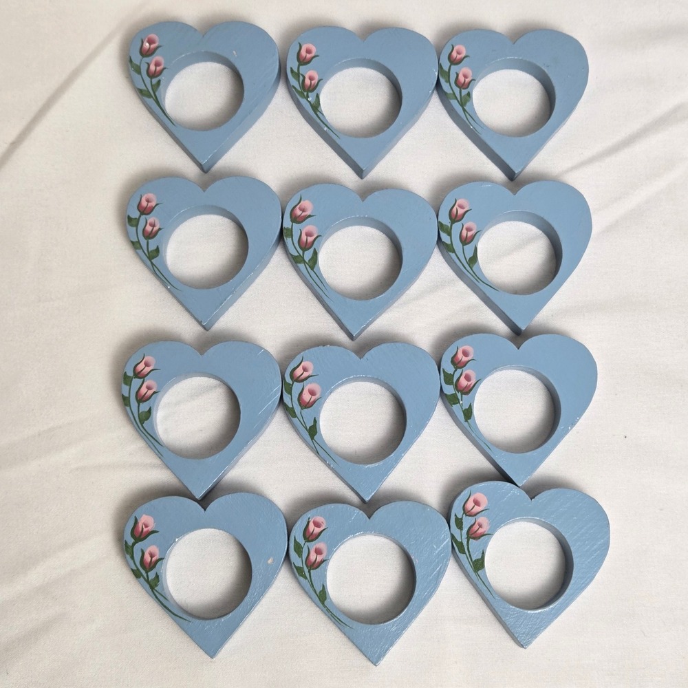 Lot of 12‎ Wood Heart Shaped Flower Napkin Rings Cottagecore Blue Pink 2"